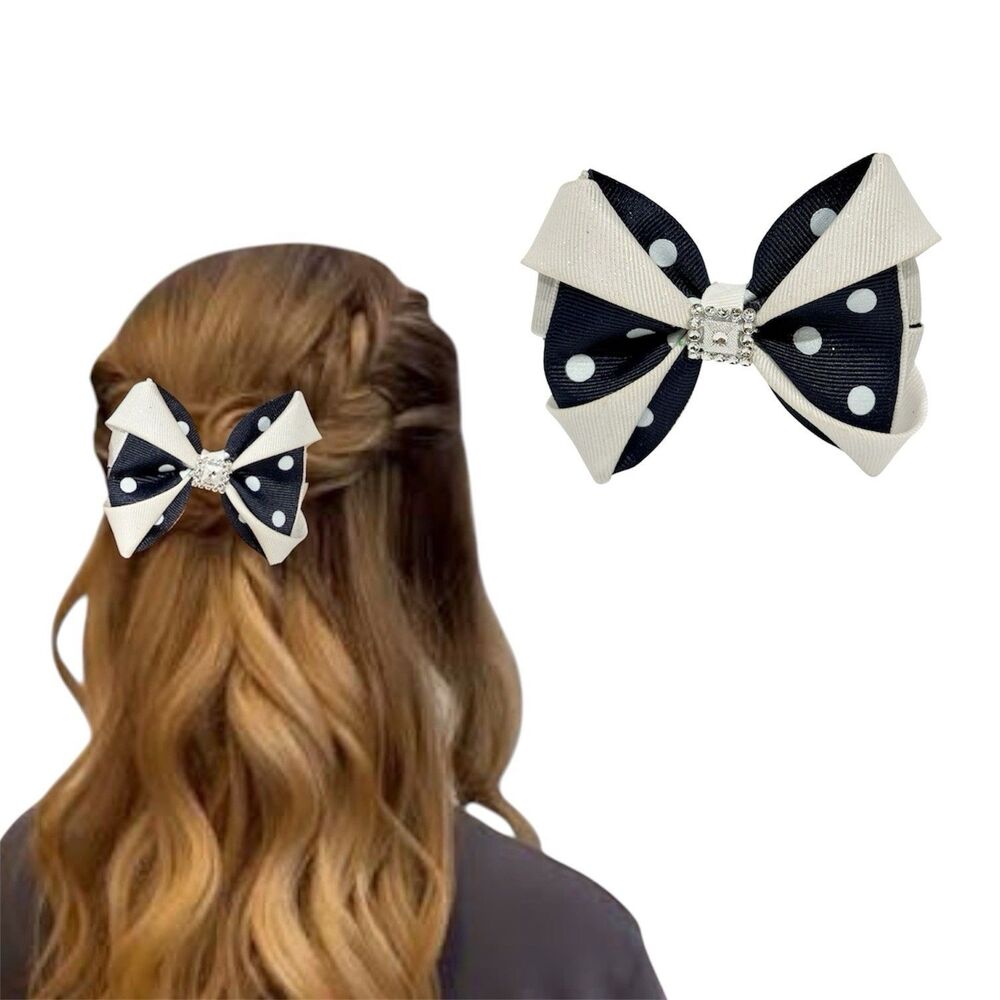 Hair Bow Clip Hairpin For Girls White And Blue Polka Dot New